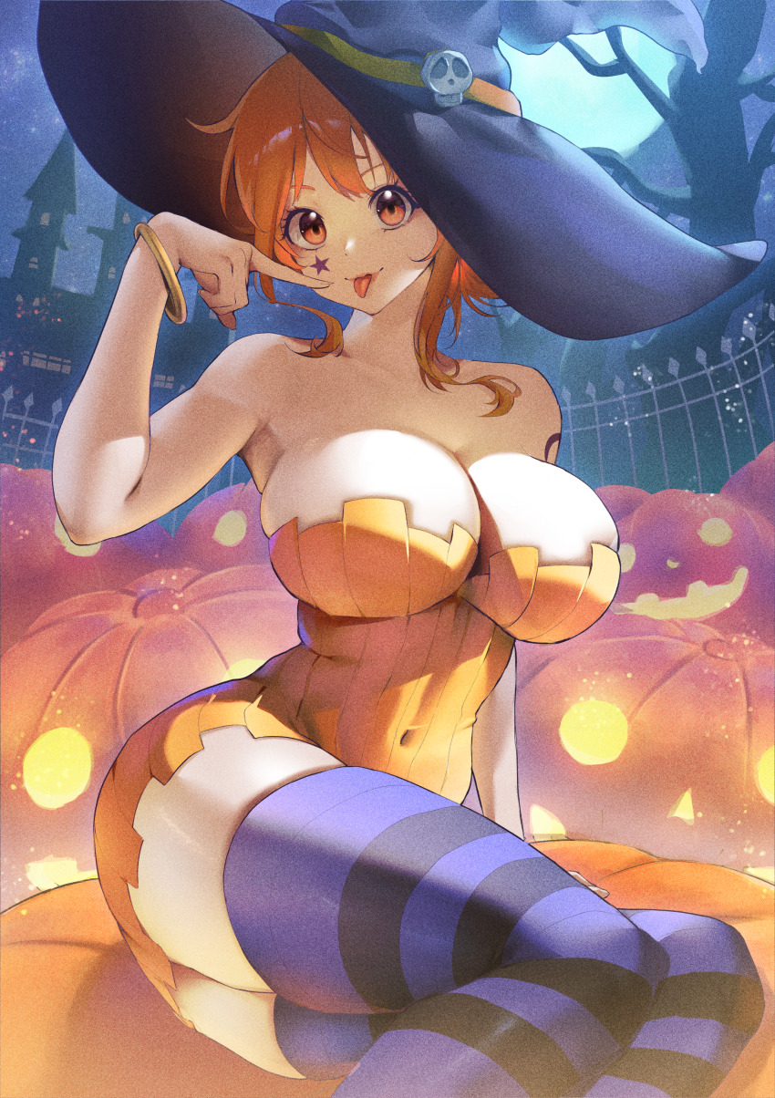 1girl absurdres arm_support armpit_crease armpit_peek bangle bare_shoulders bare_tree black_hat bracelet breasts camus_(luthfancamus) castle closed_mouth commentary covered_navel dress facial_mark feet_out_of_frame finger_to_own_chin full_body halloween halloween_costume hat highres jewelry large_breasts looking_at_viewer nami_(one_piece) night night_sky one_piece orange_dress orange_eyes orange_hair outdoors pumpkin purple_thighhighs short_hair shoulder_tattoo sidelocks sitting sky solo star_(symbol) star_facial_mark strapless strapless_dress striped_clothes striped_dress striped_thighhighs tattoo thighhighs thighs tongue tongue_out tree vertical-striped_clothes vertical-striped_dress witch_hat yokozuwari