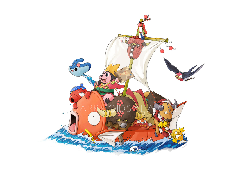 :d ^_^ alternate_color artist_name bandana bird black_eyes blue_bandana blue_eyes boat bouffalant closed_eyes clothed_pokemon commentary darkvoiddoble darumaka flower gen_1_pokemon gen_2_pokemon gen_3_pokemon gen_4_pokemon gen_5_pokemon gen_7_pokemon legendary_pokemon magikarp mantyke miltank nintendo no_humans octillery open_mouth pink_flower pokemon pokemon_(creature) shiny_pokemon smile taillow tapu_bulu tauros tongue water watercraft white_background wishiwashi wishiwashi_(solo)