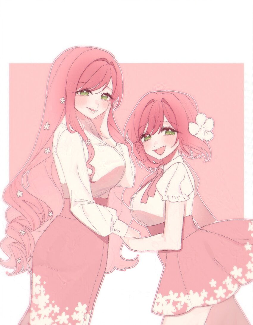 2girls :d ass_peek blush border bow bowtie breasts casual chi_kan100 collared_shirt cowboy_shot drill_hair female_focus floral_print floral_print_skirt flower frilled_sleeves frills from_side green_eyes hair_between_eyes hair_flower hair_intakes hair_ornament hanazono_hahari hanazono_hakari hand_on_own_cheek hand_on_own_face height_difference high-waist_skirt highres holding_hands kimi_no_koto_ga_dai_dai_dai_dai_daisuki_na_100-nin_no_kanojo large_breasts long_hair long_sleeves looking_at_viewer lower_teeth_only matching_outfits mature_female medium_hair miniskirt mother_and_daughter multiple_girls open_mouth outline outside_border parted_bangs pencil_skirt pink_background pink_bow pink_bowtie pink_hair pink_outline pink_skirt print_skirt puffy_short_sleeves puffy_sleeves raised_eyebrows shirt short_sleeves sidelocks simple_background skirt smile teeth underbust very_long_hair white_border white_outline white_shirt