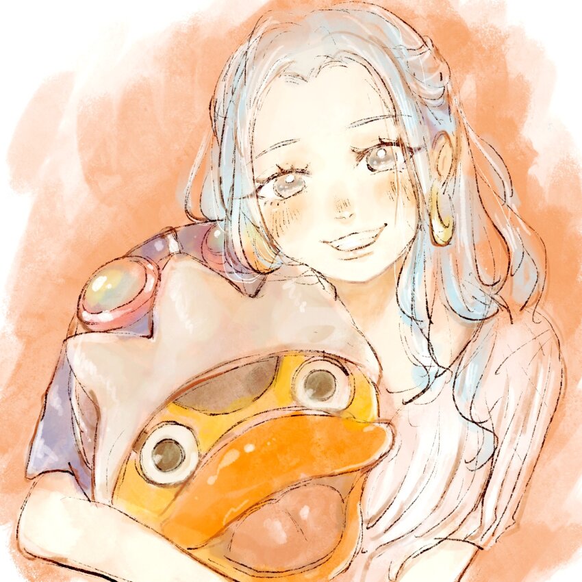 1girl bird blue_hair blush chiyo_(@ch_falgar) commentary dress duck earrings goggles goggles_on_headwear half_updo hat highres hug jewelry karoo_(one_piece) long_hair looking_at_viewer nefertari_vivi one_piece short_sleeves sidelocks smile snake_earrings solo