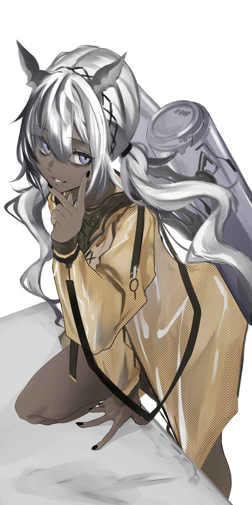 1girl absurdres animal_ears arknights black_nails camel_ears commentary_request dark-skinned_female dark_skin hair_between_eyes highres jacket knee_up long_hair long_sleeves looking_at_viewer parted_lips purple_eyes simple_background solo tadachi_yu tuye_(arknights) very_long_hair white_background white_hair yellow_jacket