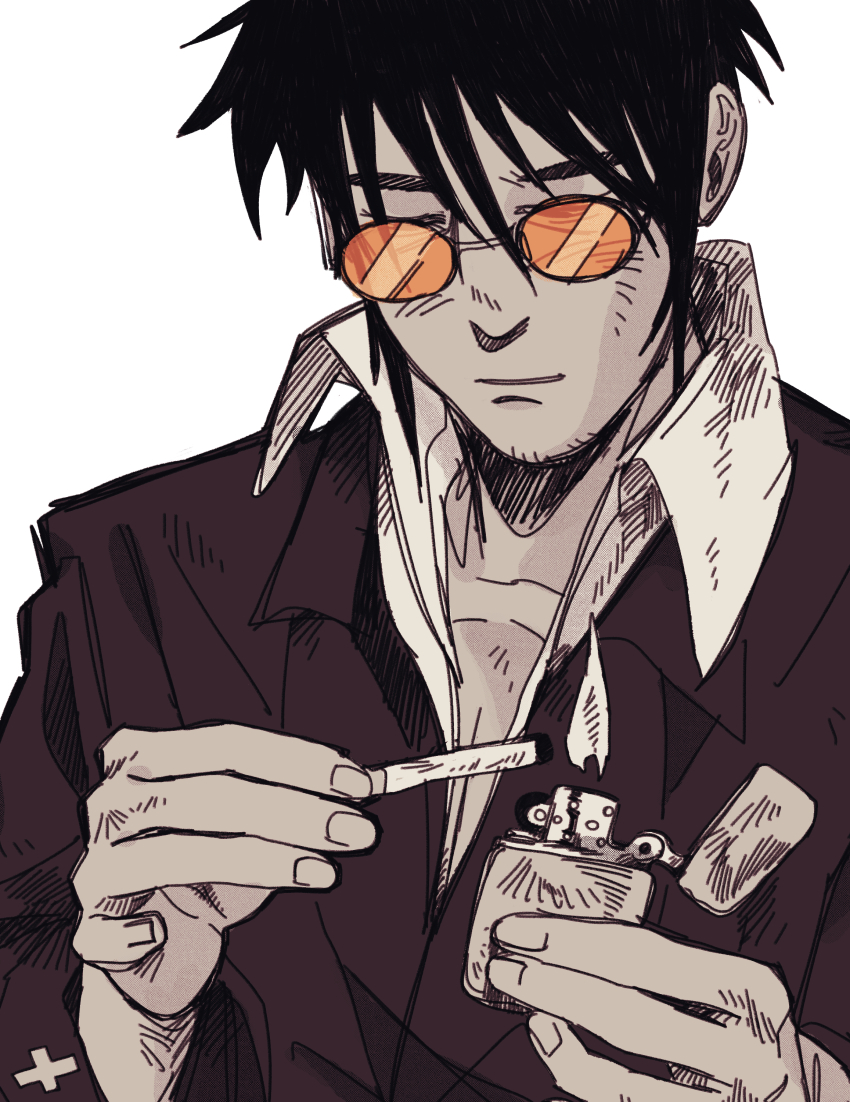 1boy absurdres arm_up black_hair black_jacket cigarette closed_eyes closed_mouth collarbone commentary dirty dirty_clothes english_commentary fire high_collar highres holding holding_cigarette holding_lighter jacket lighter long_sleeves male_focus nicholas_d._wolfwood open_collar orange-tinted_eyewear round_eyewear shirt solo suit_jacket tinted_eyewear trigun trigun_stampede upper_body white_shirt wing_collar wr0wn