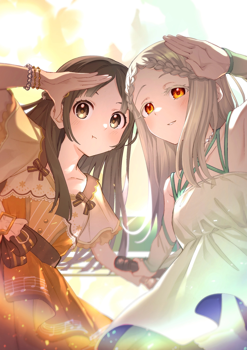 2girls absurdres backlighting blonde_hair blurry blurry_background blush braid braided_bangs brown_eyes brown_hair dress frilled_dress frills from_below gakuen_idolmaster green_dress highres holding holding_microphone idolmaster koukei_(idolmaster) kuramoto_china layered_dress long_hair looking_at_viewer microphone multiple_girls musical_note musical_note_print orange_dress orange_eyes pout salute shinosawa_hiro sleeveless sleeveless_dress smile tamago_sando wonder_scale_(idolmaster)