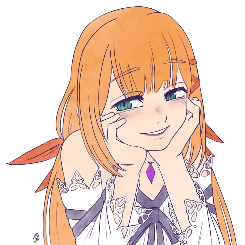 blush green_eyes hands_on_own_face highres innotsu kingdom_hearts kingdom_hearts_unchained_x orange_hair smile strelitzia_(kingdom_hearts) twintails
