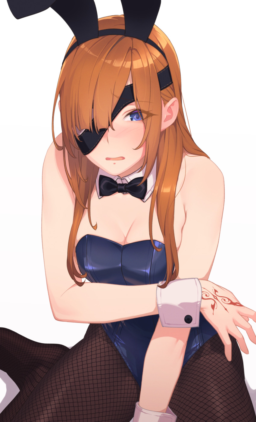 1girl animal_ears blue_eyes blue_leotard blush breasts brown_hair detached_collar eyepatch fake_animal_ears fate/grand_order fate_(series) fishnet_pantyhose fishnets highleg highleg_leotard highres hikichi_sakuya leotard long_hair looking_at_viewer medium_breasts ophelia_phamrsolone pantyhose playboy_bunny rabbit_ears sidelocks sitting solo wariza