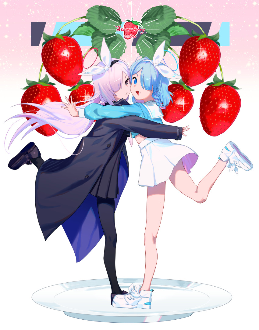 2girls absurdres arona_(blue_archive) black_coat black_eyes black_footwear black_hairband black_pantyhose black_skirt blue_archive blue_eyes blue_hair blue_halo braid closed_mouth coat food fruit full_body hairband halo highres long_hair long_sleeves multiple_girls open_mouth pantyhose pink_hair plana_(blue_archive) pleated_skirt purple_hair red_halo shimiya_jin shoes short_hair single_braid skirt smile strawberry white_footwear white_skirt