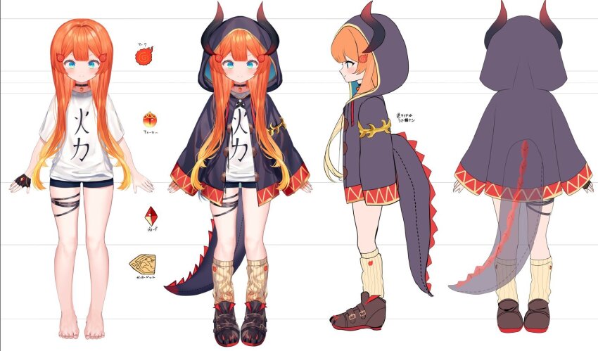 1girl armlet barefoot black_choker black_footwear black_gloves blonde_hair blue_eyes blue_shorts blush center-flap_bangs choker closed_mouth commentary double-parted_bangs fake_horns fake_tail fingerless_gloves fingernails from_behind from_side full_body gem gloves gold_armlet gradient_hair hair_ornament hair_over_shoulder hashtag-only_commentary highres hitsugi_miki hood hood_up hooded_robe horned_hood horns jewelry kneehighs long_hair long_sleeves looking_at_viewer loose_socks miki_hitsugi multicolored_hair multiple_views official_art open_clothes open_robe orange_hair pendant_choker print_shirt profile purple_robe red_gemstone red_trim robe second-party_source shirt shoes short_shorts short_sleeves shorts simple_background single_fingerless_glove single_glove skindentation sleeves_past_wrists smile socks specialite_(company) specialite_en standing straight-on tail thick_eyelashes thigh_gap thigh_strap toenails translation_request two-sided_fabric two-sided_robe v-shaped_eyebrows virtual_youtuber white_background white_shirt wide_sleeves y_o_u_k_a yellow_socks