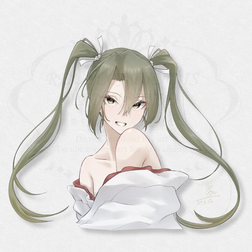 bare_shoulders green_eyes green_hair grin hair_ribbon highres japanese_clothes kantai_collection kimono kimono_partially_removed long_hair ribbon shushan smile twintails very_long_hair white_background white_kimono zuikaku_(kancolle)