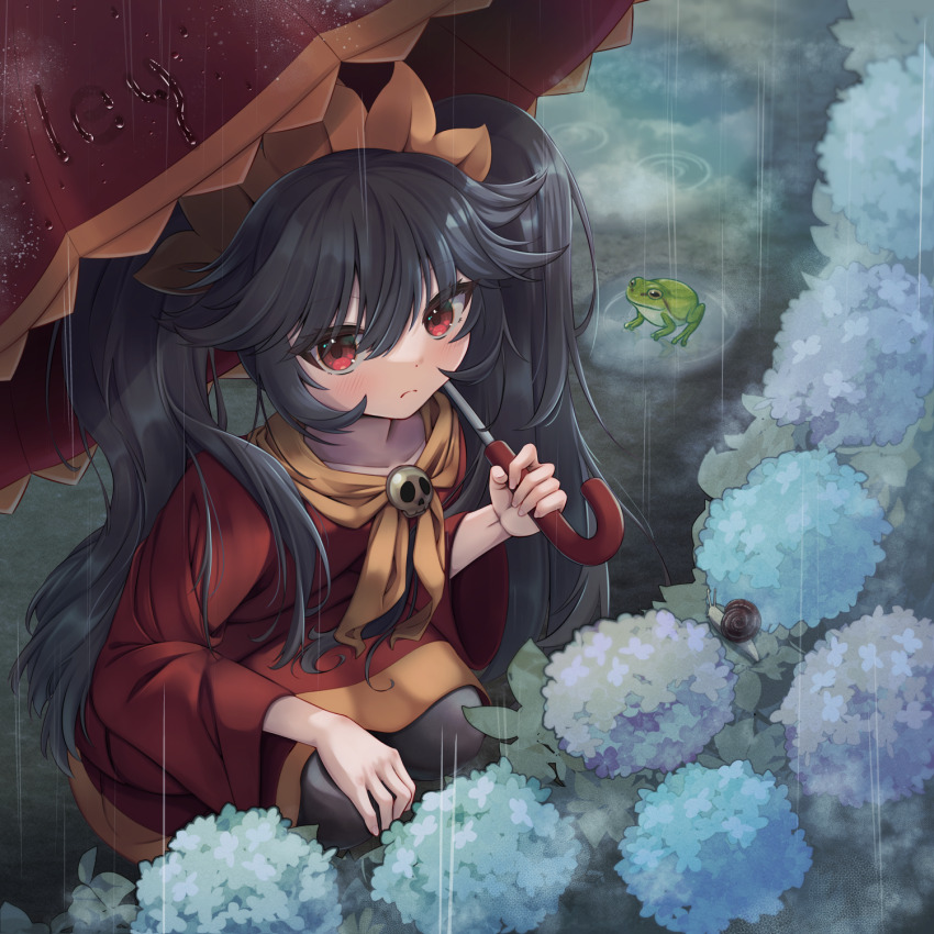 ashley_(warioware) black_hair black_pantyhose blush bush dress expressionless flower frog hair_over_shoulder hand_on_knees hand_on_own_knee highres holding holding_umbrella long_hair looking_at_viewer matchamassa necktie nintendo orange_necktie orange_trim outdoors pantyhose plant puddle rain red_dress red_eyes reflection reflective_water ripples skull_ornament snail squatting twintails umbrella warioware water_drop