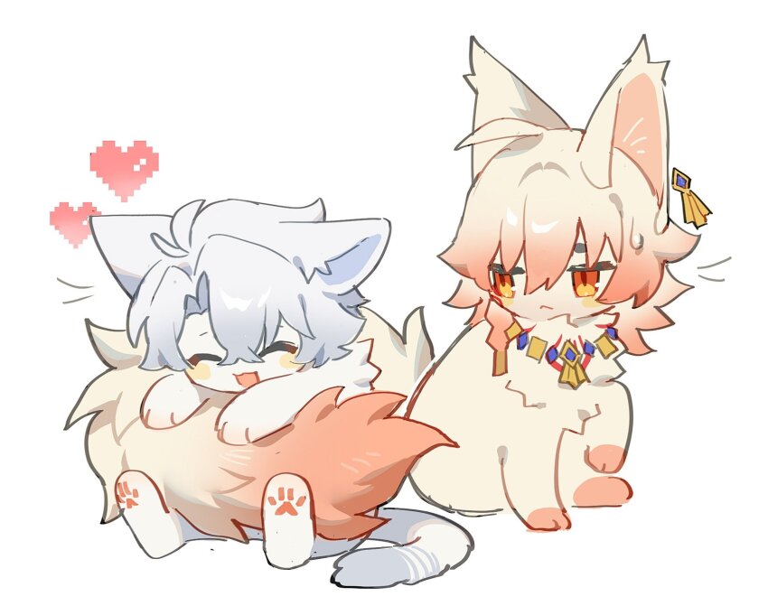2boys animal animal_ears animal_hug animalization closed_eyes earrings fluffy gold_earrings gold_necklace happy heart highres honkai:_star_rail honkai_(series) hugging_tail implied_yaoi jewelry multiple_boys mydei_(honkai:_star_rail) necklace phainon_(honkai:_star_rail) red_tattoo smiley_face suirandanshihao tail