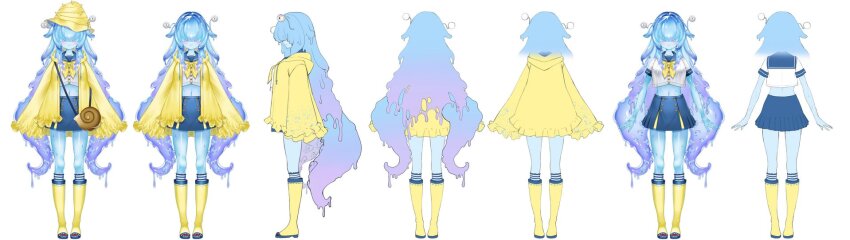 1girl blush breasts reference_sheet commentary english_commentary globie highres large_breasts long_hair midriff multiple_views navel neckerchief official_art open_mouth second-party_source simple_background skirt snail_girl snail_hat snail_shell squirmimi tachi-e virtual_youtuber white_background yellow_neckerchief