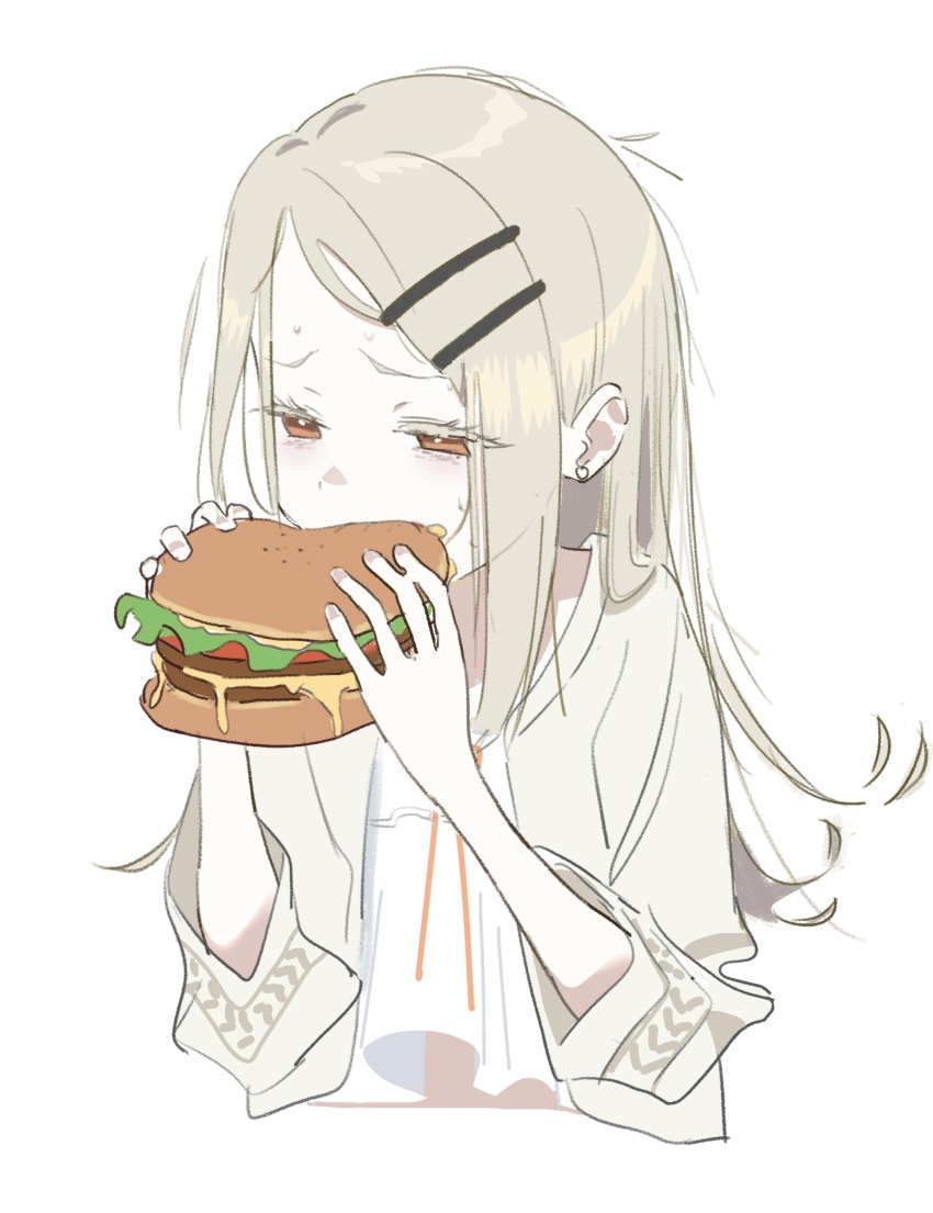 1girl absurdres burger camisole commentary_request cropped_torso earrings eating food gakuen_idolmaster highres holding holding_burger holding_food idolmaster jewelry light_brown_hair long_hair orange_eyes shinosawa_hiro sidelocks simple_background solo stud_earrings sweatdrop upper_body what_a white_background white_camisole
