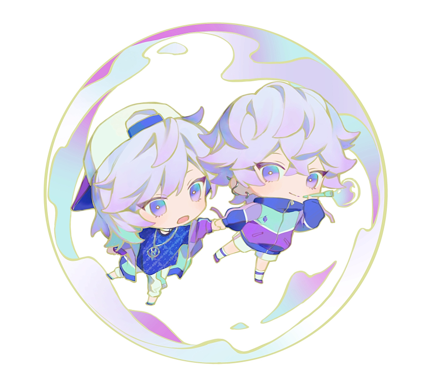 2boys absurdres blowing_bubbles blue_eyes blue_footwear blue_shirt chain chain_necklace chibi chibi_only closed_mouth commentary_request cozmez_(paradox_live) ear_piercing full_body gradient_eyes highres holding_hands in_bubble jacket jewelry looking_at_hand looking_at_viewer male_focus medium_hair multicolored_eyes multiple_boys necklace open_mouth pants paradox_live piercing purple_eyes sei_(_mo1008) shirt shoes short_hair shorts simple_background socks two-tone_eyes white_background white_pants white_shorts white_socks yatonokami_kanata yatonokami_nayuta zipper