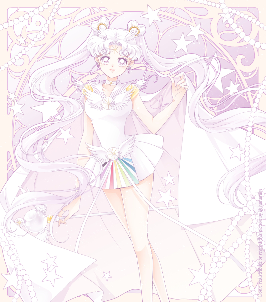 1girl bishoujo_senshi_sailor_moon bishoujo_senshi_sailor_moon_stars choker collar double_bun dress earrings facial_mark forehead_mark hair_bun heart_hair_bun highres jewelry lips miniskirt sailor_collar sailor_cosmos sarashina_kau skirt smile solo star_(symbol) star_choker star_facial_mark twintails wand white_choker white_collar white_dress white_eyes white_hair