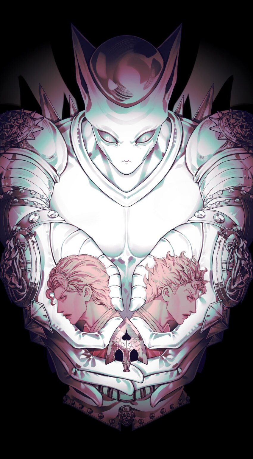 1other 2boys arrow_(jojo) black_background bug closed_mouth cupping_hands diamond_wa_kudakenai from_side heart highres holding insect jojo_no_kimyou_na_bouken kawajiri_kosaku killer_queen kira_yoshikage ladybug male_focus multiple_boys own_hands_together short_hair spikes stand_(jojo) upper_body zhhy3324