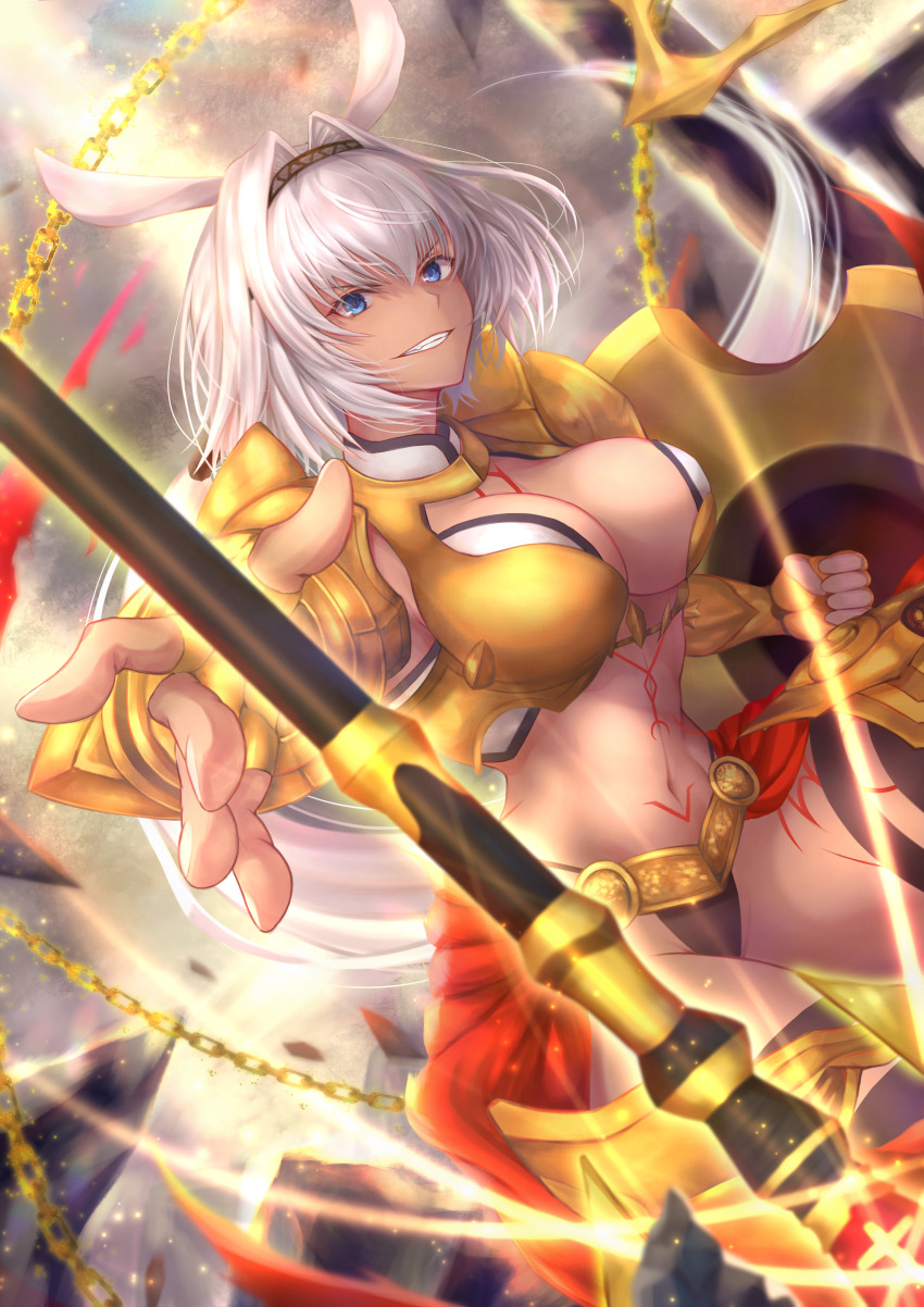 1girl absurdres animal_ears armor body_markings breasts caenis_(fate) caenis_(third_ascension)_(fate) dark-skinned_female dark_skin fate/grand_order fate_(series) female_focus gold_armor hair_intakes headpiece highres huge_filesize large_breasts long_hair looking_at_viewer navel penguintake polearm shield smile solo spear tattoo weapon
