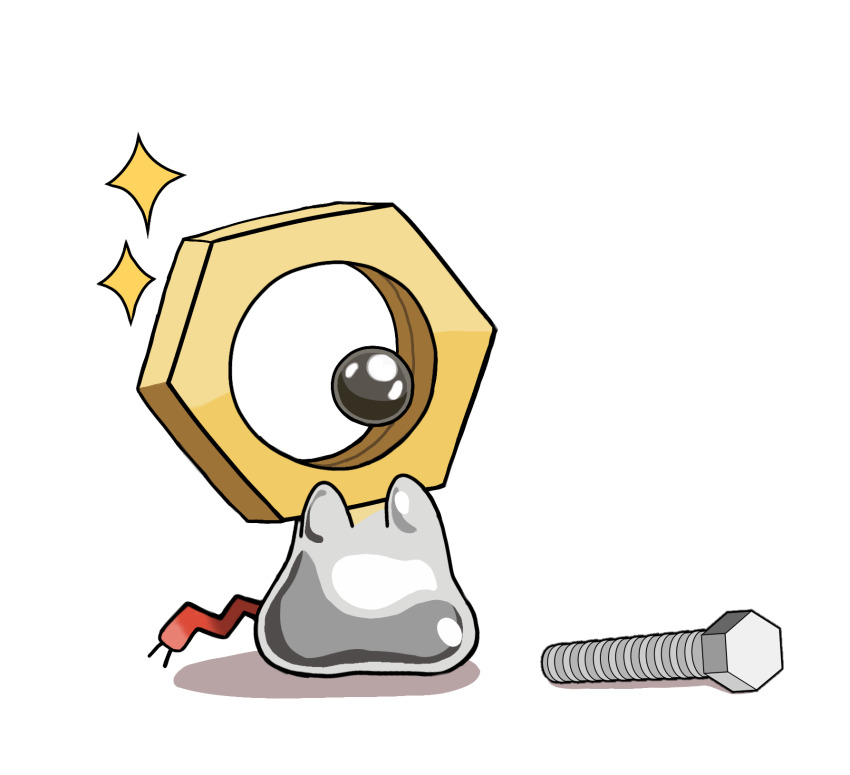 black_eyes commentary_request full_body gen_7_pokemon hands_up highres looking_down meltan mythical_pokemon nintendo nut_(hardware) pokemon pokemon_(creature) pokemon_focus screw simple_background sparkle white_background zero_(sleepy_meltan)