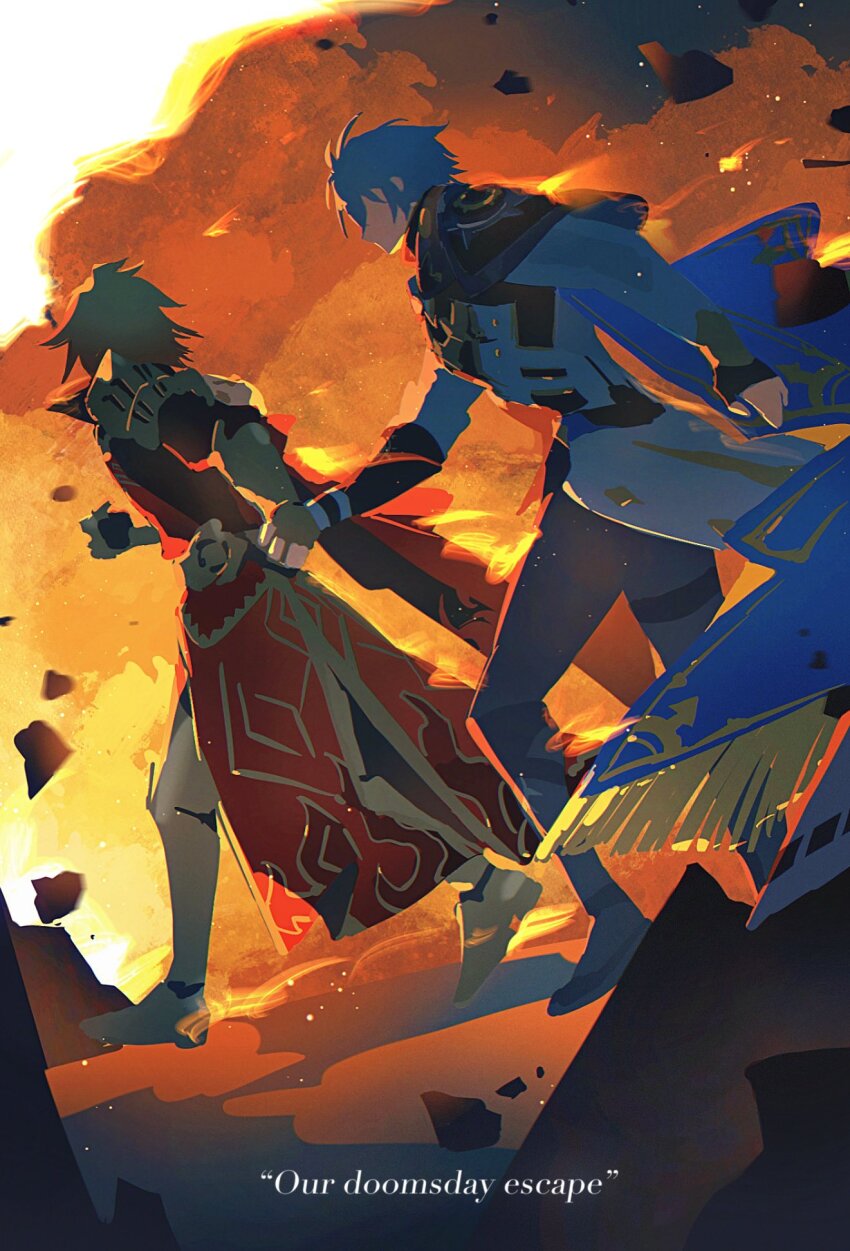 2boys black_pants coat english_text fire grey_hair highres honkai:_star_rail honkai_(series) male_focus medium_hair multiple_boys mydei_(honkai:_star_rail) orange_hair osamu18568716 pants phainon_(honkai:_star_rail) running short_hair white_coat
