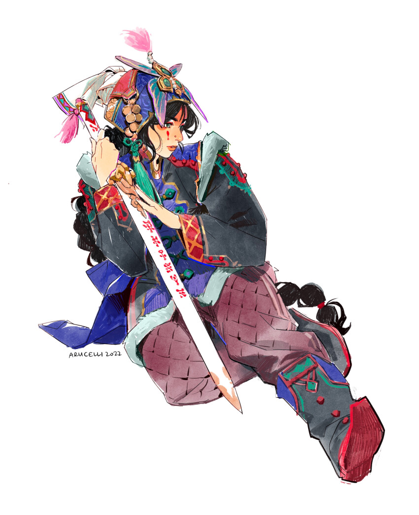 1girl 2022 absurdres artist_name arucelli baggy_pants black_hairband braid braided_ponytail chinese_knot clothing_request commentary crossed_legs dated english_commentary full_body fur-trimmed_jacket fur_trim hairband hand_on_weapon hand_up highres holding holding_sword holding_weapon jacket jian_(weapon) layered_clothes lips long_sleeves marking_on_cheek nose original pants pants_tucked_in parted_lips profile simple_background sitting sword sword_writing tassel watson_cross weapon white_background wide_sleeves