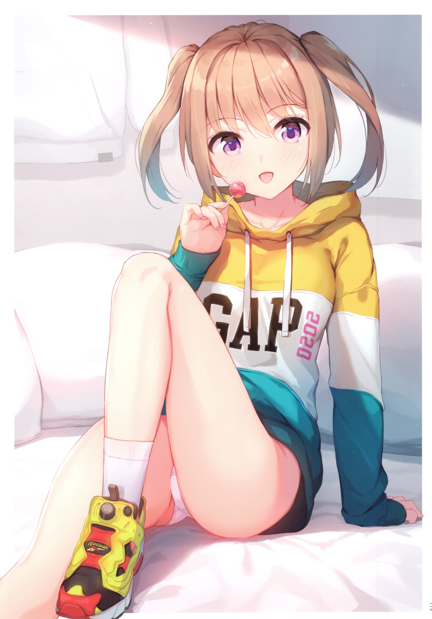 1girl :d absurdres arm_support ass bed_sheet brown_hair candy clothes_writing drawstring female_focus food highres holding holding_candy holding_food holding_lollipop hood hood_down hoodie knee_up lollipop long_hair long_hoodie long_sleeves looking_at_viewer nail_polish nijihashi_sora open_mouth original panties pantyshot pillow pink_nails purple_eyes reebok scan shoes sitting smile sneakers socks solo thighs twintails underwear upskirt white_panties white_socks