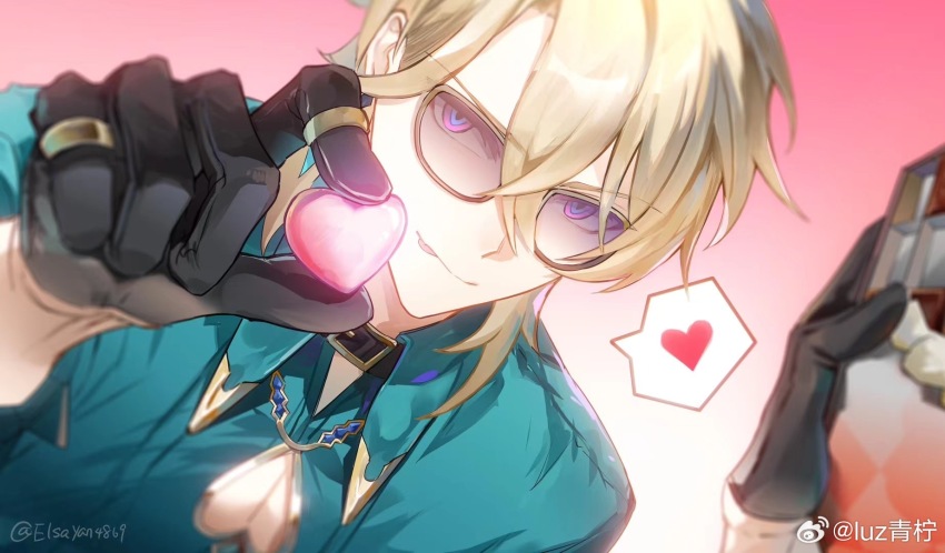 1boy aqua_shirt artist_name aventurine_(honkai:_star_rail) black_collar black_gloves blonde_hair blue_eyes blue_gemstone box box_of_chocolates brown-framed_eyewear candy chinese_clothes chocolate chocolate_heart closed_mouth clothing_cutout collar collared_shirt crossed_bangs earrings food gem gloves gold_ring gradient_background hair_between_eyes hands_up heart heart-shaped_food heart_cutout highres holding holding_box holding_chocolate holding_food honkai:_star_rail honkai_(series) jewelry leather leather_gloves looking_at_viewer male_focus multicolored_eyes multiple_rings pink_background pink_eyes purple-tinted_eyewear ring shirt short_hair simple_background single_earring smile solo spoken_heart sunglasses tinted_eyewear tongue tongue_out weibo_6159712244 white_background
