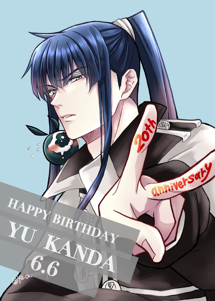 1boy anniversary annoyed birthday black_coat black_order_uniform blue_background blue_eyes blue_hair blush buttons coat collared_coat creature creature_on_shoulder d.gray-man frown golem_(d.gray-man) hair_ribbon happy_anniversary happy_birthday high_ponytail highres kanda_yuu long_hair looking_at_viewer male_focus nervous on_shoulder parted_lips ponytail ribbon sidelocks signature solo striped_coat teardrop v vertical-striped_coat white_ribbon white_stripes wings yu_chocochip