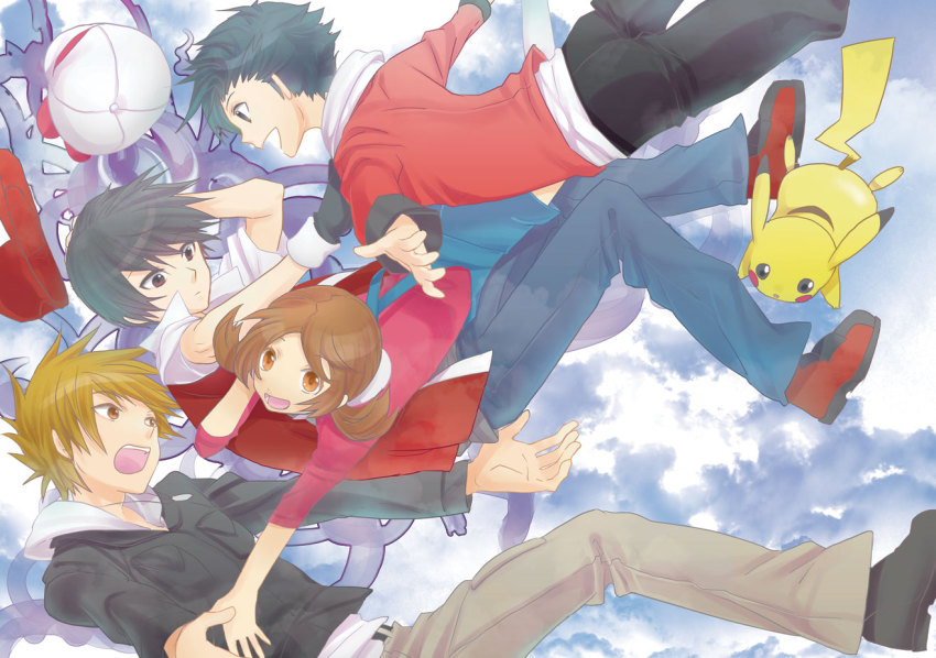 00s 1990s_(style) 1girl 3boys :d alternate_costume bad_id bad_pixiv_id baseball_cap black_hair blue_oak blue_oak_(pokemon_hgss) blue_sky brown_hair cloud day ethan_(pokemon) falling gen_1_pokemon hat hat_ribbon kuronomine looking_at_viewer lyra_(pokemon) multiple_boys nintendo open_mouth pikachu pokemon pokemon_(creature) pokemon_hgss pokemon_rgby red_(pokemon) red_ribbon retro_artstyle ribbon sky smile twintails unworn_hat unworn_headwear