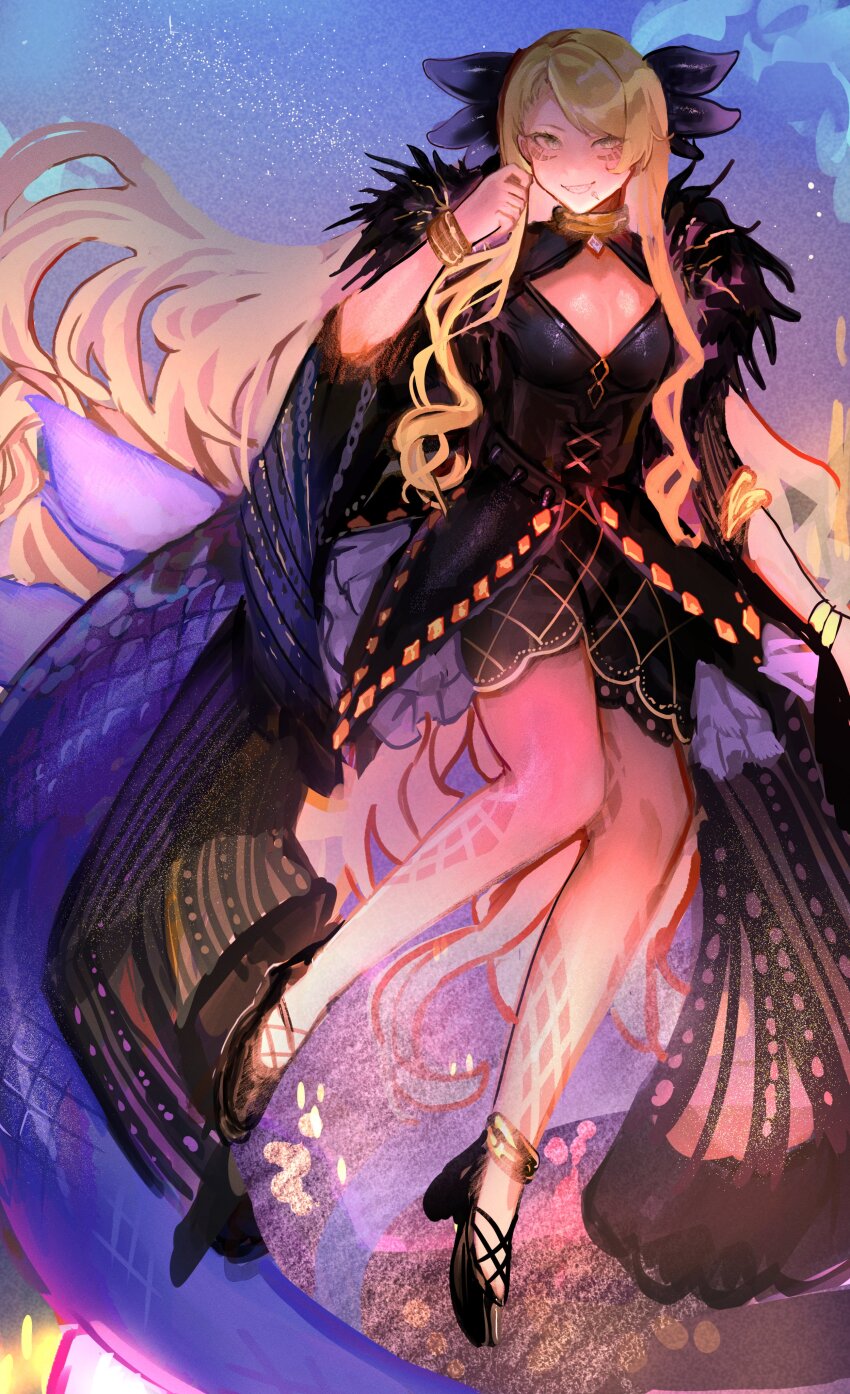 1girl absurdres blonde_hair bracelet chin_piercing dragon_girl dragon_horns dragon_tail face_piercing facial_mark fate/grand_order fate_(series) fur-trimmed_shrug highres horns jewelry lip_piercing long_hair looking_at_viewer neck_ring piercing resenri shrug_(clothing) side_labret_piercing smile solo tail teeth vritra_(fate) vritra_(second_ascension)_(fate) yellow_eyes