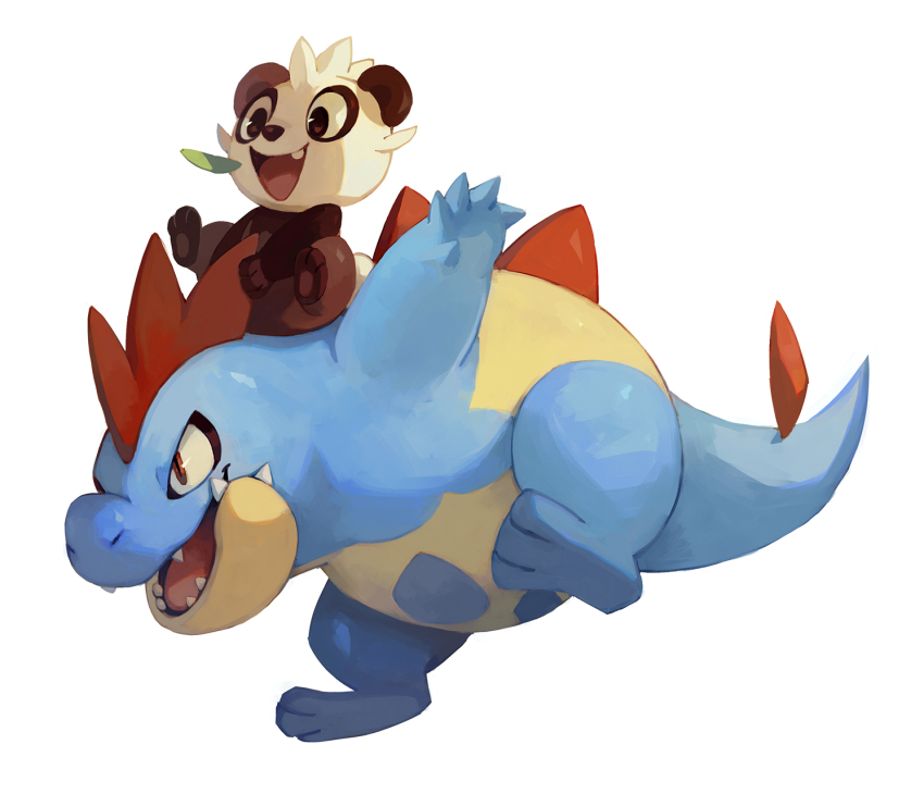 bluekomadori brown_eyes croconaw full_body gen_2_pokemon gen_6_pokemon highres leaf looking_ahead nintendo no_humans nostrils open_mouth pancham pokemon pokemon_(creature) red_eyes riding riding_pokemon sharp_teeth simple_background teeth white_background