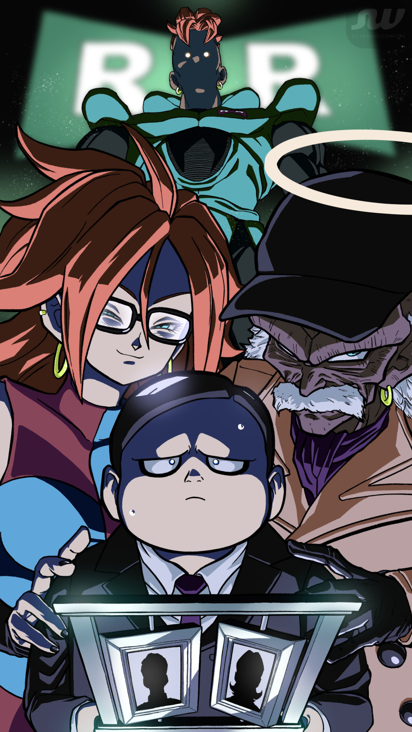 absurdres android_16 android_21 ascot black-framed_eyewear black_gloves black_hair black_hat black_nails blue_eyes commentary dark-skinned_male dark_skin dr._hedo dragon_ball dragon_ball_fighterz dragon_ball_super dragon_ball_super_super_hero dragonball_z dress earrings english_commentary evil_smile facial_hair family father_and_son formal_clothes frown gero glasses gloves glowing glowing_eyes gold_earrings grandfather_and_grandson grandmother_and_grandson halo hand_on_another&#039;s_shoulder hat highres holding holding_photo hoop_earrings husband_and_wife jewelry looking_ahead messy_hair mother_and_son mustache necktie old old_man photo_(object) purple_ascot purple_necktie red_hair red_ribbon_army scared silhouette silverwoodwork sleeveless sleeveless_dress smile suit sweatdrop white_hair yellow_halo