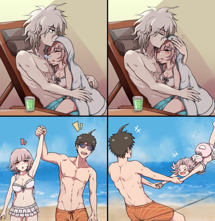 1girl 2boys :d :o ahoge animal_bag arm_up bikini breasts brown_hair cat_bag danganronpa_(series) danganronpa_2:_goodbye_despair day green_male_swimwear grey_bikini grey_hair grey_jacket happy highres hinata_hajime hug jacket kiss kissing_forehead kmnm_1403 large_breasts layered_bikini male_swimwear medium_hair mole mole_on_breast multiple_boys nanami_chiaki navel nose_bubble notice_lines open_mouth orange_male_swimwear outdoors pink_bag pink_hair short_hair sitting sleeping smile stomach sunglasses swimsuit swinging teeth topless_female topless_male upper_teeth_only