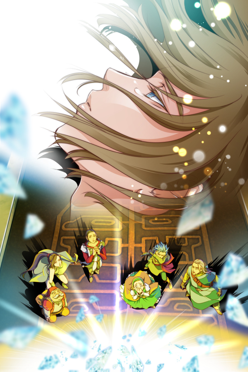2girls 5boys arm_guards backpack bag black_hair blonde_hair blue_eyes blue_gemstone blue_hair blurry boots broken brown_hair camus_(dq11) checkered_clothes colored_eyelashes commentary_request covering_own_mouth crying crying_with_eyes_open depth_of_field dragon_quest dragon_quest_xi dress earrings facial_hair fez_hat fingerless_gloves floating_clothes floating_hair from_above full_body gem gloves glowing grandfather_and_grandson green_boots green_dress green_hairband green_tunic greig_(dq11) grey_eyes grey_gloves hair_slicked_back hairband hero_(dq11) high_ponytail highres jewelry juliet_sleeves kneeling long_hair long_sleeves looking_up martina_(dq11) medium_hair multiple_boys multiple_girls mustache myukom official_alternate_hair_length official_alternate_hairstyle old old_man open_mouth orange_pants orange_sash own_hands_clasped own_hands_together pants parted_hair ponytail profile puffy_sleeves purple_hair red_sash red_shirt red_vest row_(dq11) sash scene_reference senya_(dq11) shielding shirt short_hair spiked_hair spoilers striped_clothes sylvia_(dq11) tears tunic upper_body vest white_hair white_shirt wide-eyed wrinkled_skin yellow_pants