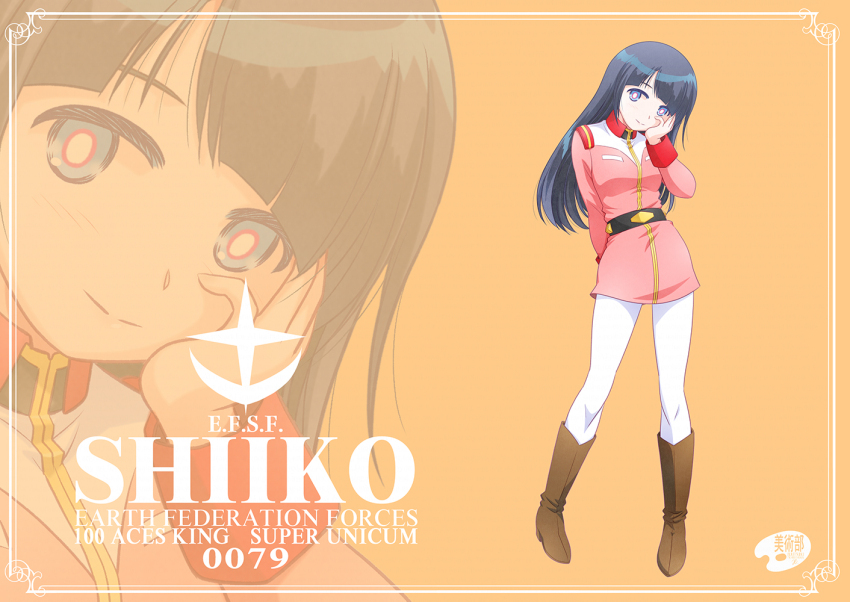 1girl arm_behind_back belt black_belt blue_eyes boots border breasts brown_boots commentary contrapposto english_text gundam gundam_gquuuuuux hand_on_own_cheek hand_on_own_face jacket long_hair long_sleeves medium_breasts military_uniform orange_background pants pink_jacket pink_skirt shiiko_sugai shizuki_michiru skirt smile solo white_border white_pants zoom_layer