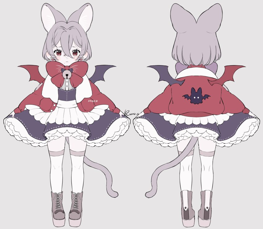 1girl absurdres animal_ear_fluff animal_ears artist_name bow bowtie brown_footwear cat_tail dress grey_hair highres jacket jikuno light_brown_background long_sleeves mini_wings original purple_dress red_bow red_eyes short_hair simple_background sketch solo tail tearing_up thighhighs wings