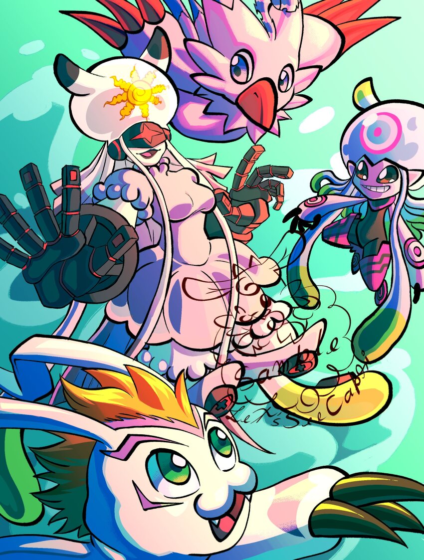 absurdres beak black_eyes blue_eyes capri covered_eyes digimon digimon_(creature) floating gomamon highres jellyfish_girl jellymon mask monster_girl piyomon smile teeth tentacle_hair tentacles thetismon wings