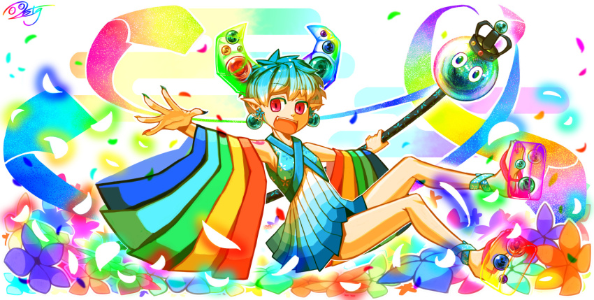 1girl :d anklet blue_hair blue_skirt colorful crown detached_sleeves earrings flower flower_earrings geta highres horns jewelry multicolored_clothes multicolored_nails multicolored_sleeves open_mouth orb original petals pleated_skirt pointy_ears pose_request potg_(piotegu) rainbow_gradient red_eyes scepter short_hair skirt smile solo sphere_earrings staff very_short_hair