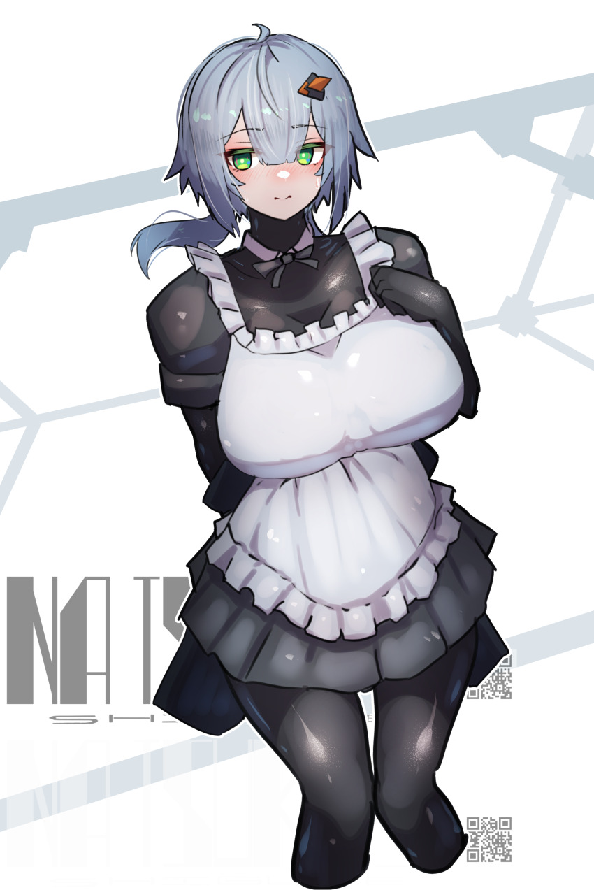 1girl absurdres apron black_bodysuit bodysuit bodysuit_under_clothes breasts colossus_(natsukaze_shigure) green_eyes grey_hair hair_ornament highres large_breasts looking_at_viewer maid maid_apron natsukaze_shigure original qr_code smile solo