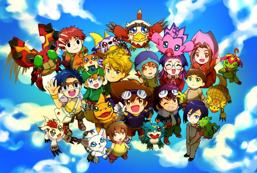 agumon armadillo armadimon bird bug cat digimon digimon_(creature) gabumon glasses gomamon hawkmon hida_iori ichijouji_ken inoue_miyako ishida_yamato izumi_koshiro kido_jo looking_at_viewer motomiya_daisuke palmon patamon piyomon reptile smile tachikawa_mimi tailmon takaishi_takeru takenouchi_sora tentomon v-mon wings wormmon yagami_hikari yagami_taichi
