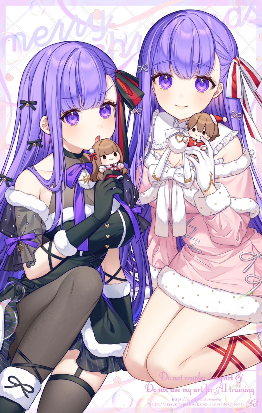 2girls :o alternate_costume asymmetrical_bangs bare_shoulders bb_(fate) black_choker black_dress black_gloves black_ribbon bluesky_username blush bodystocking border breasts brown_hair brown_pantyhose brown_thighhighs character_doll choker christmas closed_mouth commentary_request detached_collar doll dress elbow_gloves fate/extra fate/extra_ccc fate_(series) fur-trimmed_dress fur_trim garter_straps gloves hair_ribbon hat highres holding holding_doll karokuchitose kishinami_hakuno_(female) kishinami_hakuno_(male) kneeling large_breasts layered_dress leg_up long_hair long_sleeves looking_ahead looking_at_viewer matou_sakura_(fate/extra) merry_christmas mixed-language_commentary multiple_girls neck_ribbon off-shoulder_dress off_shoulder open_mouth pantyhose pink_dress pom_pom_(clothes) purple_border purple_eyes purple_hair purple_ribbon red_ribbon ribbon santa_costume santa_hat see-through_clothes short_dress short_hair single_leg_pantyhose sitting smile straight_hair text_background thighhighs twitter_username two-tone_ribbon v-shaped_eyebrows very_long_hair watermark web_address white_background white_gloves white_ribbon