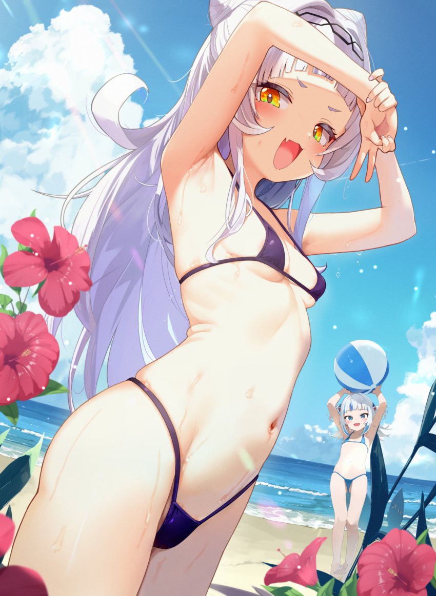 2girls absurdres analog_kenshi_(moto) arm_up armpits ball beach beachball bikini blue_bikini blue_eyes blue_hair blue_sky cloud fang fins fish_tail gawr_gura grey_hair hair_ornament highres holding holding_ball holding_beachball hololive hololive_english long_hair looking_at_viewer medium_hair multicolored_hair multiple_girls murasaki_shion navel open_mouth purple_bikini sand shark_girl shark_hair_ornament shark_tail skin_fang sky streaked_hair swimsuit tail two_side_up very_long_hair virtual_youtuber water yellow_eyes