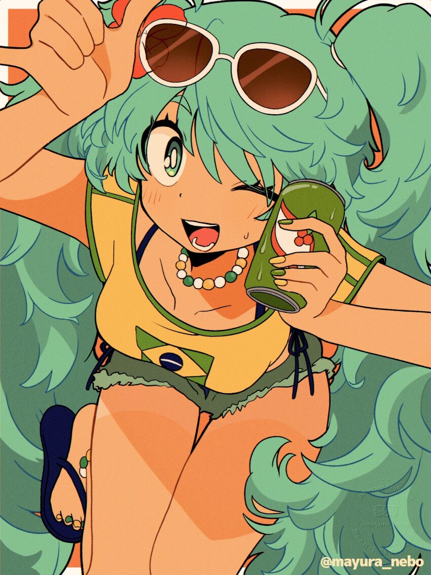 :d anklet aqua_eyes aqua_hair artist_name bead_choker beads brazil brazilian_flag brazilian_flag_print brazilian_miku can flag_print flip-flops flower from_above guarana_antarctica hair_flower hair_ornament hatsune_miku highres holding holding_can jewelry jumping mayura_nebo nail_polish one_eye_closed open_mouth orange_background sandals shorts_tan smile tan tanline thighs toenail_polish toenails vocaloid white-framed_eyewear
