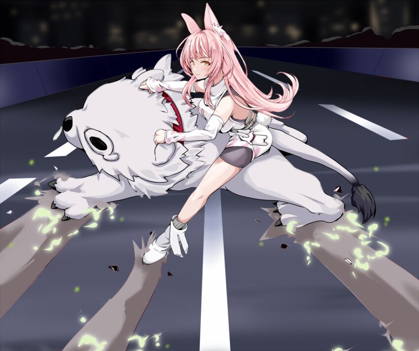 1girl akira_(manga) akira_slide animal animal_ear_fluff animal_ears bare_shoulders bike_shorts black_shorts black_sports_bra breasts detached_sleeves goddess_of_victory:_nikke hair_intakes hanchou_(shirokun555) large_breasts leona_(nikke) lion long_hair parody pink_hair shirt shorts sideless_shirt sidelocks sports_bra tail timi_(nikke) turtleneck turtleneck_shirt white_shirt yellow_eyes