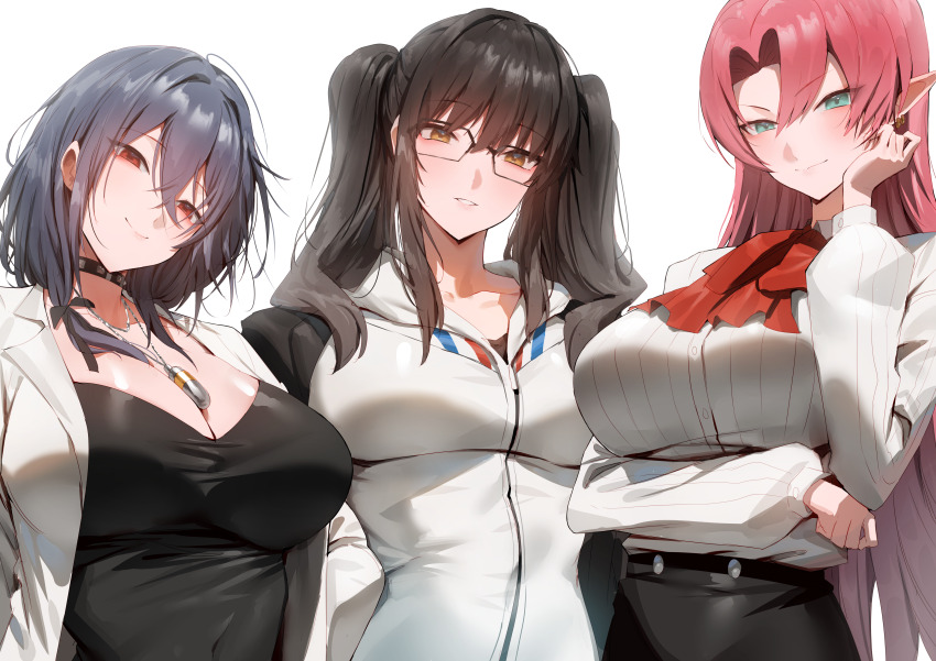 3girls absurdres alternate_costume arm_under_breasts azur_lane black_choker black_hair black_shirt bow bowtie breasts brown_eyes choker closed_mouth collared_shirt commander_(azur_lane) commentary cosplay duke_of_york_(azur_lane) english_commentary female_commander_(azur_lane) gekkoukan_high_school_uniform glasses green_eyes hair_between_eyes hand_up highres jacket jewelry kirijou_mitsuru kirijou_mitsuru_(cosplay) large_breasts long_hair looking_at_viewer multiple_girls necklace parted_bangs parted_lips persona persona_3 persona_5 pittsburgh_(azur_lane) pointy_ears red_bow red_bowtie red_eyes red_hair rororo saito_yuka school_uniform second-party_source shirt shirt_tucked_in shuujin_academy_school_uniform sidelocks simple_background smile takamaki_anne takamaki_anne_(cosplay) takemi_tae takemi_tae_(cosplay) tanaka_rie upper_body voice_actor_connection white_background white_jacket white_shirt yukimura_ryuuko_(ryuuko)