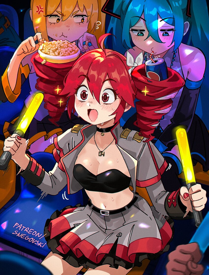 1other 3girls :t akita_neru anger_vein aqua_hair black_choker black_sleeves black_tube_top blonde_hair blush breasts can choker cleavage commentary detached_sleeves drill_hair drinking drinking_straw eating english_commentary facing_ahead food frilled_skirt frills glowstick grey_jacket grey_skirt hair_between_eyes hair_in_food hair_ribbon hatsune_miku highres holding holding_glowstick jacket jewelry kasane_teto kasane_teto_(sv) layered_skirt looking_at_another looking_down midriff multiple_girls necklace open_clothes open_jacket open_mouth patreon_username pepsi popcorn puckered_lips red_eyes red_hair ribbon sitting skirt snegovski sparkle strapless sweat synthesizer_v triple_baka_(vocaloid) tube_top twin_drills twintails utau vocaloid white_ribbon wide-eyed yellow_eyes