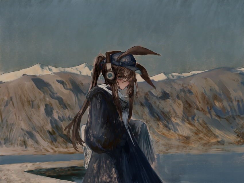 1girl absurdres amiya_(arknights) amiya_(newsgirl)_(arknights) animal_ears arknights black_coat black_eyes black_hat brown_hair closed_mouth coat commentary cowboy_shot day ears_through_headwear english_commentary faux_traditional_media hair_between_eyes hand_in_pocket hat headphones highres long_hair long_sleeves looking_at_viewer mountainous_horizon newspaper official_alternate_costume outdoors peaked_cap profile solo standing staring thiccborb