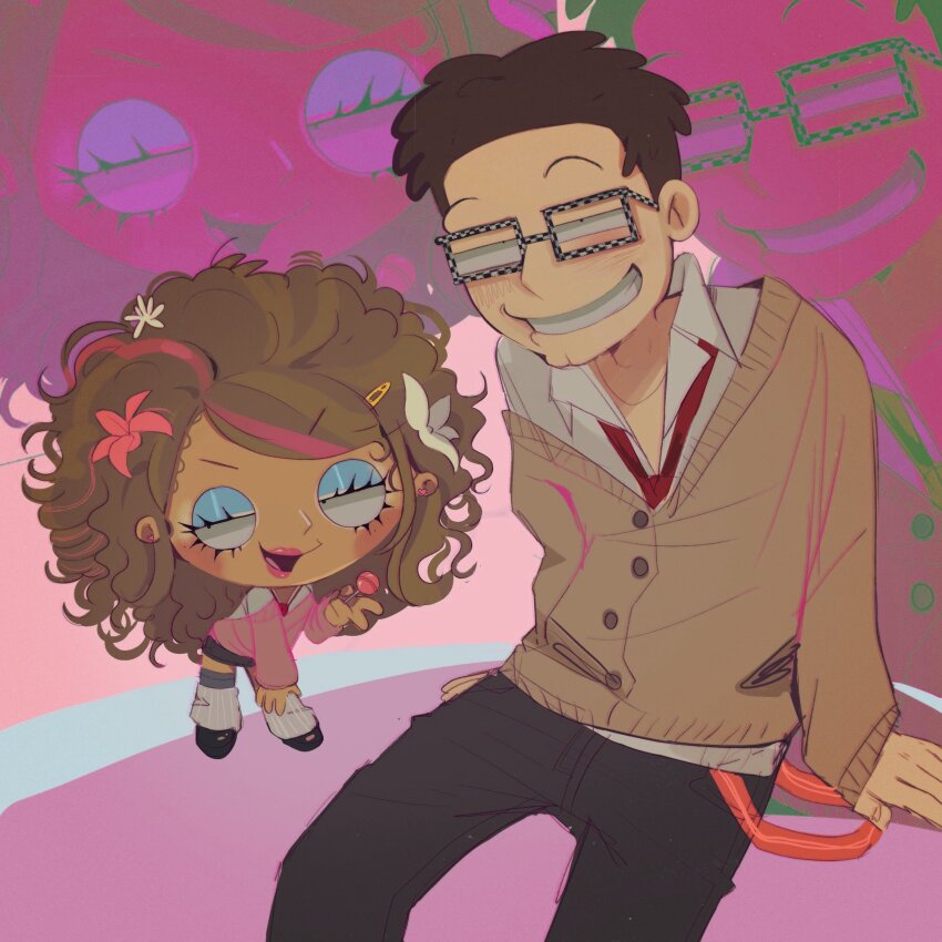 2boys american_dad! arm_support big_hair black_pants blue_eyeshadow brown_cardigan brown_hair candy cardigan collared_shirt crossdressing eyeshadow family_guy flower food glasses grin gyaru hair_flower hair_ornament highres holding holding_candy holding_food holding_lollipop leg_warmers lollipop looking_at_viewer makeup male_focus multiple_boys nikokoro pants pink_flower pink_lips pink_streaks pink_sweater shirt short_hair smile steve_smith stewie_griffin sweater teeth white_flower white_leg_warmers white_shirt