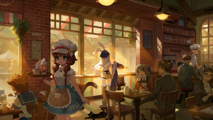 3boys 5girls animal_ears artist_request blue_eyes blue_hat braid brown_hair cafe cat_ears cat_girl cat_tail check_artist closed_mouth ein_lee game_cg hat highres holding holding_tray indoors long_hair low_twintails mia_(tevi) multiple_boys multiple_girls non-web_source rabbit_ears rabbit_girl short_shorts short_sleeves shorts tail tevi tevi_(character) tray twintails yellow_shorts