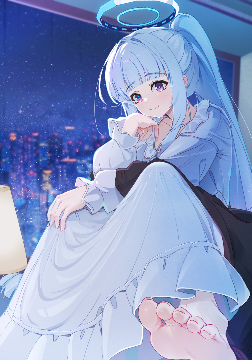 1girl absurdres barefoot blue_archive cityscape closed_mouth commentary_request dress feet grey_hair halo highres indoors kas- lampshade long_hair long_sleeves looking_at_viewer night night_sky noa_(blue_archive) noa_(pajamas)_(blue_archive) ponytail puffy_long_sleeves puffy_sleeves purple_eyes sky sleeves_past_wrists smile soles solo star_(sky) starry_sky toenails toes very_long_hair white_dress window