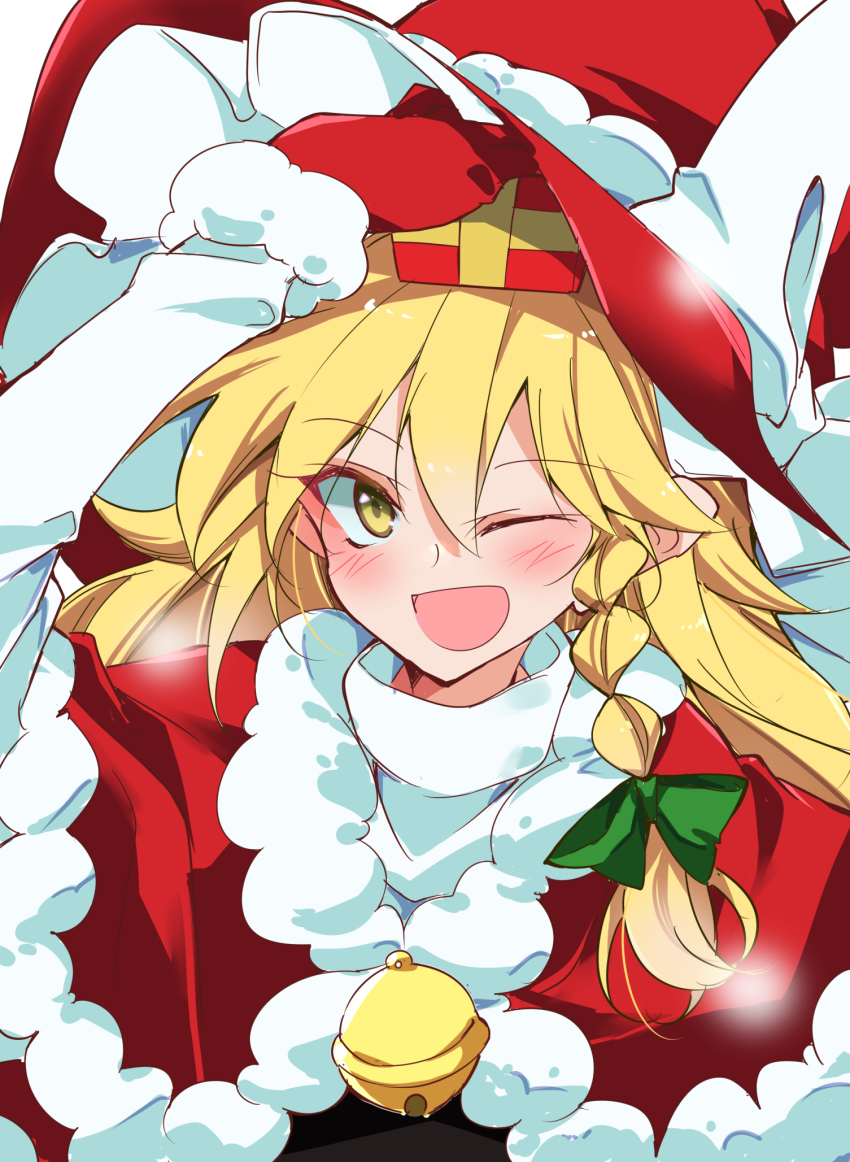 1girl :d alternate_costume alternate_headwear_color arm_up bell blonde_hair blush bow box braid capelet collared_shirt commentary_request fur-trimmed_capelet fur-trimmed_headwear fur_trim gift gift_box gloves green_bow hair_between_eyes hair_bow hat hat_bow highres holding holding_gift ichimura_kanata jingle_bell kirisame_marisa long_hair looking_at_viewer one_eye_closed open_mouth red_capelet red_gloves red_hat santa_costume shirt side_braid single_braid smile solo touhou white_bow witch_hat yellow_eyes