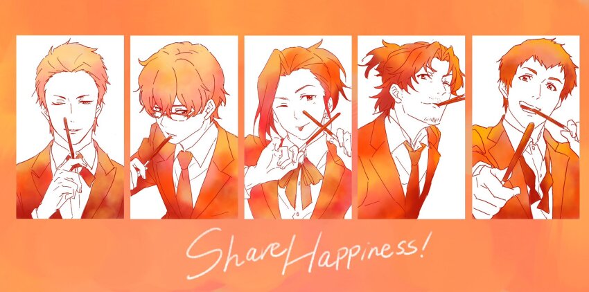 5boys ;p beard_stubble bolo_tie facial_hair food_in_mouth hair_slicked_back half_updo hazama_michio highres idolmaster idolmaster_side-m kuzunoha_amehiko looking_at_viewer male_focus masuchon monochrome multiple_boys necktie one_eye_closed orange_background orange_theme outstretched_arm pocky_day ponytail shingen_seiji smile stubble tongue tongue_out upper_body watanabe_minori yamashita_jiro
